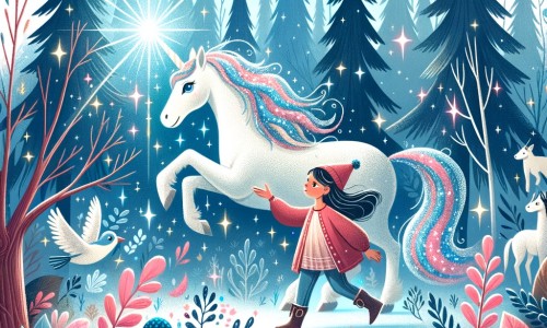 Une illustration destinée aux enfants représentant une licorne majestueuse et étincelante dans une forêt enchantée, accompagnée d'une jeune fille curieuse, explorant un monde rempli de magie et de créatures fantastiques.