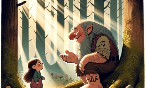 Une illustration destinée aux enfants représentant un troll solitaire découvrant sa passion pour la musique, accompagné d'une petite fille curieuse, dans une clairière magique où les arbres géants filtrent doucement la lumière du soleil.