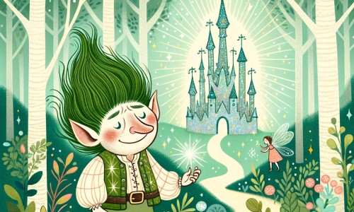 Une illustration destinée aux enfants représentant un adorable troll aux cheveux verts, perdu dans une forêt enchantée, rencontrant une petite fée aux ailes pailletées, dans un château de cristal scintillant au cœur d'une clairière lumineuse.