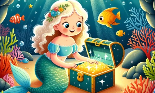 Une illustration destinée aux enfants représentant une magnifique sirène solitaire découvrant un trésor caché avec l'aide d'un petit poisson dans une grotte étincelante au fond de l'océan, entourée de coraux colorés et de poissons tropicaux.