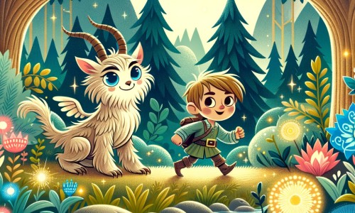 Une illustration destinée aux enfants représentant une adorable créature fantastique, accompagnée d'un jeune garçon courageux, explorant une forêt enchantée aux arbres majestueux, aux fleurs lumineuses et aux ruisseaux scintillants.