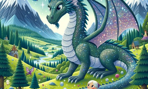 Une illustration pour enfants représentant un dragon étincelant découvrant un monde magique lors d'une aventure palpitante dans une vallée verdoyante.