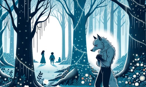 Une illustration destinée aux enfants représentant un loup-garou solitaire, dans une forêt enchantée où les arbres sont recouverts de mousse argentée et les fleurs émettent une douce lueur, faisant écho à sa quête pour trouver l'amitié et la compréhension.