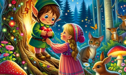 Une illustration destinée aux enfants représentant un lutin curieux et espiègle, découvrant un arbre blessé avec l'aide d'une jeune fille, dans une forêt enchantée remplie de fleurs colorées, de champignons lumineux et d'animaux magiques.