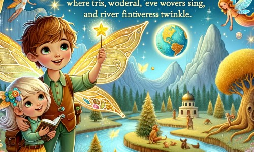 Une illustration destinée aux enfants représentant une fée aux ailes chatoyantes, accompagnée d'un jeune explorateur, dans un monde magique où les arbres ont des feuilles d'or, les fleurs chantent et les rivières scintillent, créant ainsi un univers merveilleux peuplé de créatures fantastiques.