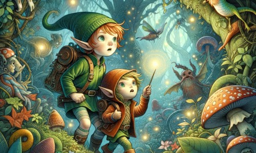 Une illustration destinée aux enfants représentant un petit lutin malicieux, accompagné d'une jeune aventurière, dans une forêt dense et mystérieuse où ils découvrent un monde magique rempli de créatures fantastiques.