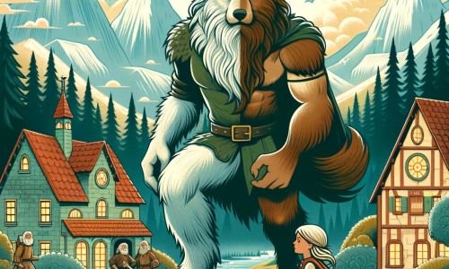 Une illustration pour enfants représentant une créature mi-homme mi-loup, qui doit retrouver une amulette magique volée par un sorcier maléfique, dans une forêt mystérieuse entourée de montagnes.