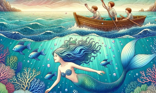 Une illustration destinée aux enfants représentant une magnifique sirène nageant gracieusement aux côtés de trois enfants sur un petit bateau, dans les profondeurs d'un océan scintillant de mille couleurs.