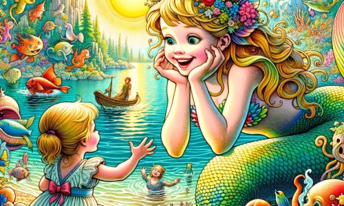 Une illustration destinée aux enfants représentant une sirène joyeuse et curieuse qui rencontre une petite fille lors d'une journée ensoleillée au bord de l'eau, entourées d'une multitude de créatures marines colorées dans un monde sous-marin enchanté.