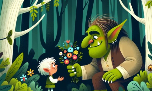 Une illustration destinée aux enfants représentant un ogre solitaire, vivant dans une sombre et mystérieuse forêt enchantée, faisant la rencontre d'un petit elfe curieux qui vient lui rendre visite avec un bouquet de fleurs colorées.