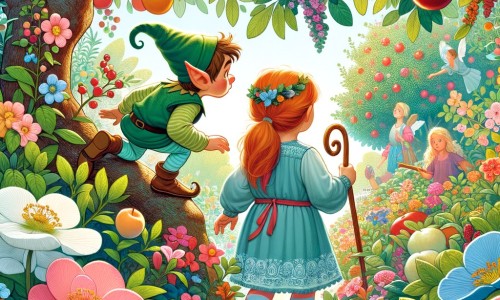 Une illustration destinée aux enfants représentant un lutin curieux découvrant un mystérieux jardin enchanté, accompagné d'une petite fille courageuse, au milieu d'une profusion de fleurs colorées et d'arbres fruitiers luxuriants.
