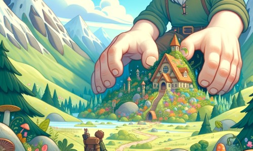 Une illustration pour enfants représentant un géant aventurier découvrant un jardin magique caché dans les montagnes.