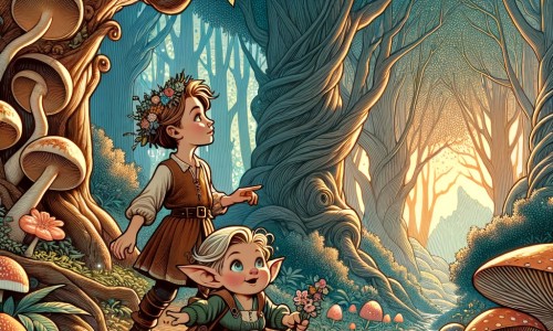 Une illustration destinée aux enfants représentant un petit lutin courageux découvrant un monde enchanté, accompagné d'une jeune fille curieuse, dans une forêt luxuriante aux arbres majestueux et aux champignons géants.
