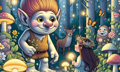 Une illustration destinée aux enfants représentant un adorable troll, entouré de fleurs et d'animaux enchantés, faisant la rencontre d'une petite fille dans une forêt magique parsemée de champignons lumineux.