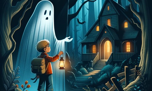Une illustration destinée aux enfants représentant un fantôme solitaire, prisonnier d'une maison hantée, faisant la rencontre d'un jeune aventurier curieux, au cœur d'une forêt sombre et mystérieuse.