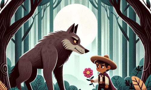 Une illustration destinée aux enfants représentant un loup-garou solitaire se trouvant dans une forêt mystérieuse, accompagné d'un petit garçon courageux, dans une quête pour trouver une fleur rare et magnifique pour l'anniversaire de sa mère.