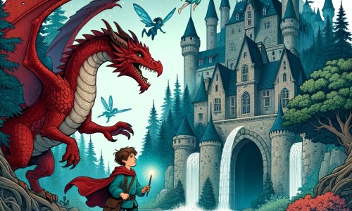 Une illustration pour enfants représentant un magnifique dragon rouge qui aide un jeune garçon à explorer un royaume magique peuplé de fées, de lutins et de licornes, dans un lieu merveilleux et enchanté.