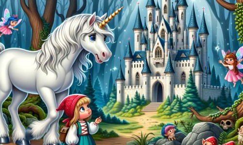 Une illustration destinée aux enfants représentant une magnifique licorne blanche perdue dans une forêt enchantée, accompagnée d'une petite fille curieuse, découvrant un château scintillant au milieu d'une clairière magique entourée de fées, d'elfes, de trolls et d'autres créatures fantastiques.
