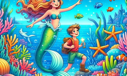 Une illustration pour enfants représentant une magnifique sirène qui vit dans un village sous-marin, et qui doit sauver son peuple en récupérant une pierre magique volée par un sorcier maléfique.
