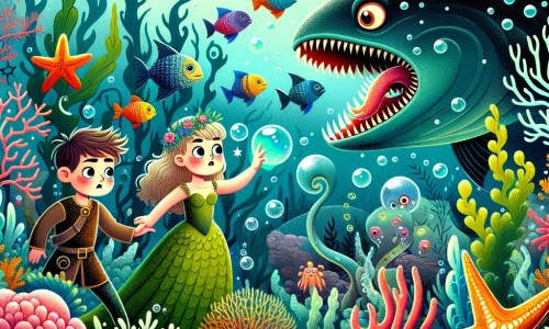 Une illustration destinée aux enfants représentant une sirène mystérieuse, accompagnée d'une jeune fille curieuse, découvrant un monde sous-marin féérique rempli de coraux colorés, d'étoiles de mer géantes et de poissons multicolores, dans lequel elles devront affronter un monstre marin redoutable pour sauver une plante magique.