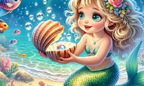 Une illustration destinée aux enfants représentant une sirène curieuse découvrant un coquillage magique sur une plage ensorcelante, accompagnée de magnifiques poissons colorés, dans un océan aux eaux cristallines scintillantes.