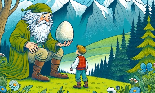 Une illustration destinée aux enfants représentant un adorable géant découvrant un mystérieux œuf dans une forêt enchantée, accompagné d'un jeune garçon curieux, et se trouvant dans une vallée verdoyante entourée de majestueuses montagnes.