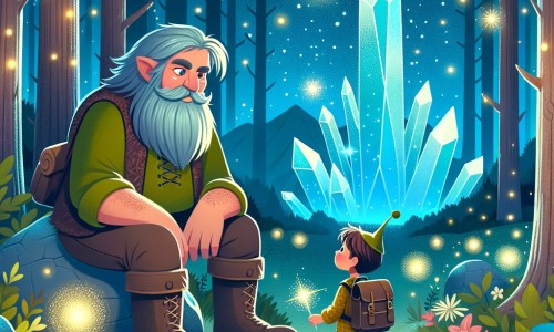 Une illustration destinée aux enfants représentant un géant bienveillant croisant le chemin d'un jeune aventurier curieux, dans une forêt enchantée parsemée de lucioles lumineuses et d'une majestueuse montagne de cristal étincelante.