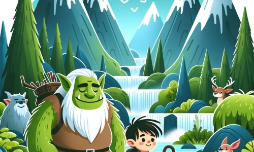 Une illustration destinée aux enfants représentant un ogre bienveillant, accompagné d'un jeune aventurier et d'un guide, explorant une vallée enchantée remplie de montagnes verdoyantes, de cascades scintillantes et de créatures fantastiques.