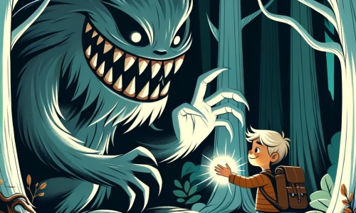 Une illustration destinée aux enfants représentant une créature mystérieuse aux dents pointues, se cachant dans une forêt enchantée, accompagnée d'un jeune garçon courageux qui lui offre son amitié précieuse.