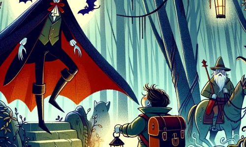 Une illustration pour enfants représentant un vampire intrépide, embarqué dans une quête pour retrouver un objet magique, se déroulant dans une mystérieuse forêt enchantée.