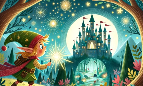 Une illustration pour enfants représentant un elfe curieux découvrant un monde magique au cœur d'une forêt enchantée.