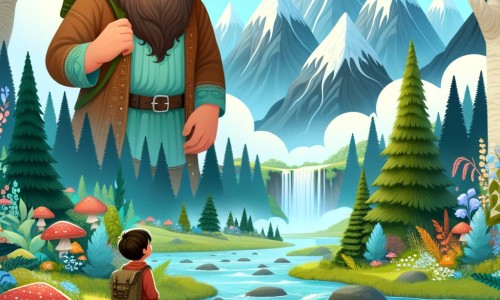Une illustration destinée aux enfants représentant un géant bienveillant explorant un monde magique, accompagné d'un petit garçon curieux, dans une forêt enchantée aux arbres majestueux, aux montagnes spectaculaires et aux rivières cristallines.