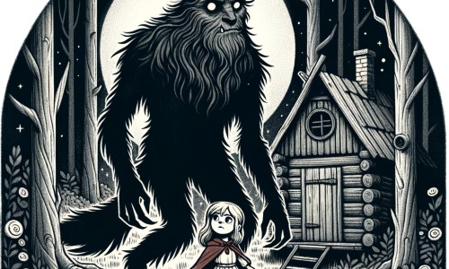 Une illustration destinée aux enfants représentant une mystérieuse créature mi-humaine mi-loup, égarée dans une sombre forêt enchantée, accompagnée d'une courageuse petite fille, au cœur d'une clairière magique abritant une vieille cabane en bois.