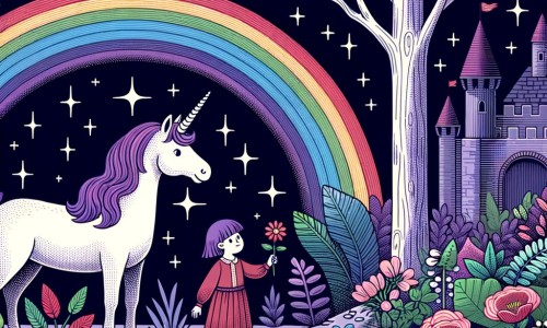 Une illustration destinée aux enfants représentant une licorne majestueuse se trouvant dans une forêt enchantée, accompagnée d'une jeune fille curieuse, dans une clairière aux fleurs multicolores, où elles découvrent un arc-en-ciel éblouissant suspendu au mur d'un château sombre.