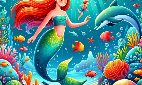 Une illustration destinée aux enfants représentant une sirène aux cheveux roux nageant dans un océan scintillant, accompagnée d'une petite fille qui explore un monde sous-marin rempli de coraux colorés, de poissons magiques et de dauphins joueurs.