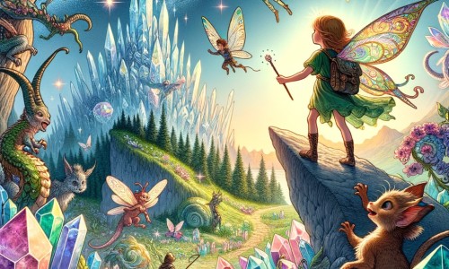 Une illustration pour enfants représentant une fée curieuse se retrouvant dans une quête périlleuse pour sauver le monde de Cristal, un endroit magique rempli de créatures fantastiques.