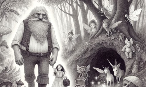 Une illustration destinée aux enfants représentant un géant bienveillant, accompagné d'une petite fille, explorant une forêt enchantée remplie de fées, licornes et gobelins, avec une grotte mystérieuse où se cachent des trésors volés par des créatures magiques.