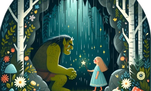 Une illustration destinée aux enfants représentant un ogre solitaire, vivant dans une grotte sombre et humide, faisant la rencontre inattendue d'une petite fille courageuse dans une forêt enchantée remplie de fleurs lumineuses et d'animaux parlants.