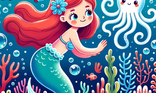 Une illustration destinée aux enfants représentant une sirène curieuse explorant les profondeurs de l'océan, accompagnée d'une pieuvre amicale, dans un monde sous-marin rempli de récifs de corail colorés, de poissons scintillants et de jardins d'algues dansants.