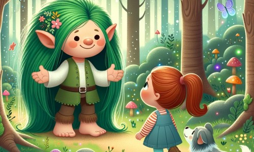 Une illustration pour enfants représentant un troll malicieux dans une forêt enchantée qui rencontre une petite fille et son chien lors d'une promenade.