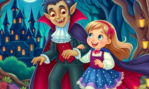 Une illustration destinée aux enfants représentant un vampire amical et souriant, faisant équipe avec une petite fille curieuse, dans une forêt enchantée remplie de châteaux sombres et de sentiers mystérieux.