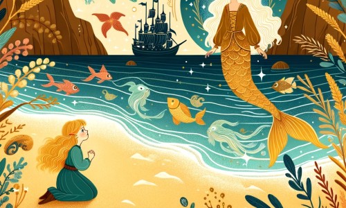 Une illustration destinée aux enfants représentant une ravissante sirène blessée, échouée sur une plage de sable doré, faisant la rencontre d'une petite fille curieuse qui deviendra son amie et l'accompagnera dans un voyage extraordinaire à travers un océan magique rempli de créatures fantastiques.