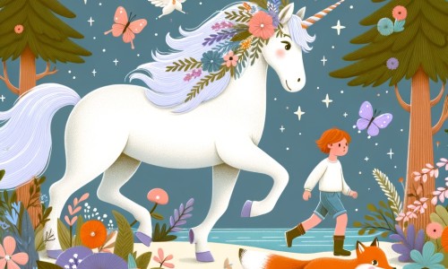 Une illustration pour enfants représentant une licorne majestueuse, confrontée à une quête épique dans un pays des merveilles enchanté.