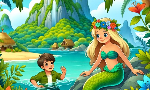Une illustration destinée aux enfants représentant une sirène curieuse découvrant une île enchantée avec l'aide d'un jeune garçon, entourés d'eau cristalline et de fleurs tropicales multicolores, surplombés de majestueuses montagnes verdoyantes.