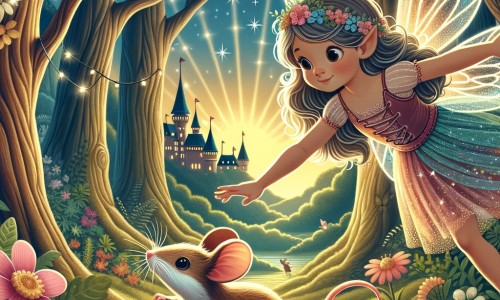 Une illustration destinée aux enfants représentant une jolie fée courageuse, aux ailes scintillantes, qui aide une petite souris prise au piège dans une forêt enchantée, remplie de fleurs colorées et d'arbres majestueux.