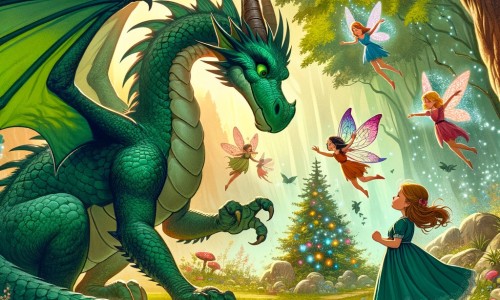 Une illustration destinée aux enfants représentant un majestueux dragon vert rencontrant une petite fille curieuse dans une forêt enchantée remplie de fées virevoltantes et d'arbres aux couleurs éclatantes.
