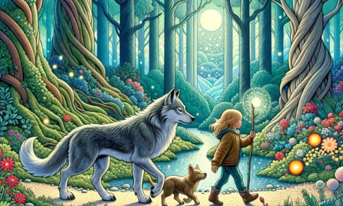 Une illustration destinée aux enfants représentant une créature mi-homme mi-loup, se promenant dans une forêt enchantée avec une petite fille curieuse et son chien fidèle, parmi des arbres gigantesques, des fleurs luisantes et une rivière cristalline.