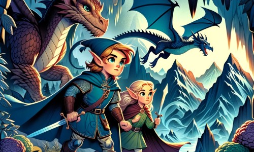 Une illustration destinée aux enfants représentant un elfe courageux et intrépide, accompagné d'un dragon amical, explorant une grotte sombre et mystérieuse surplombant une montagne majestueuse, dans le but de retrouver une pierre magique pour sauver leur royaume enchanté.