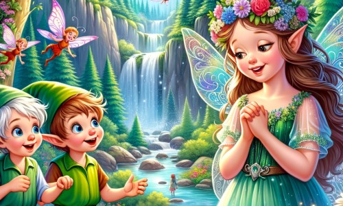 Une illustration destinée aux enfants représentant une fée curieuse, émerveillée par la beauté de la nature, accompagnée de deux lutins malicieux, dans une forêt enchantée aux arbres majestueux, aux fleurs multicolores et aux cascades scintillantes.