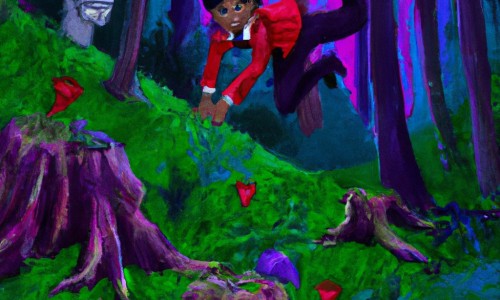 Une illustration destinée aux enfants représentant un vampire solitaire se liant d'amitié avec un jeune aventurier curieux, dans une forêt enchantée où les arbres dansent et les fleurs éclatent de couleurs éblouissantes.